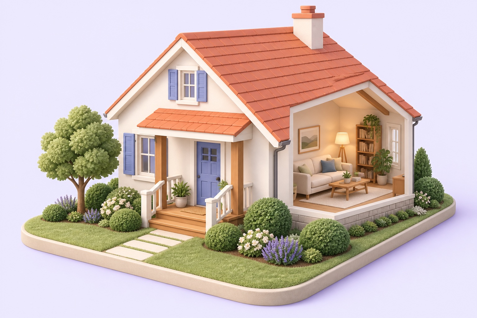 A miniature home with a cutaway living room, front garden, and blue front door